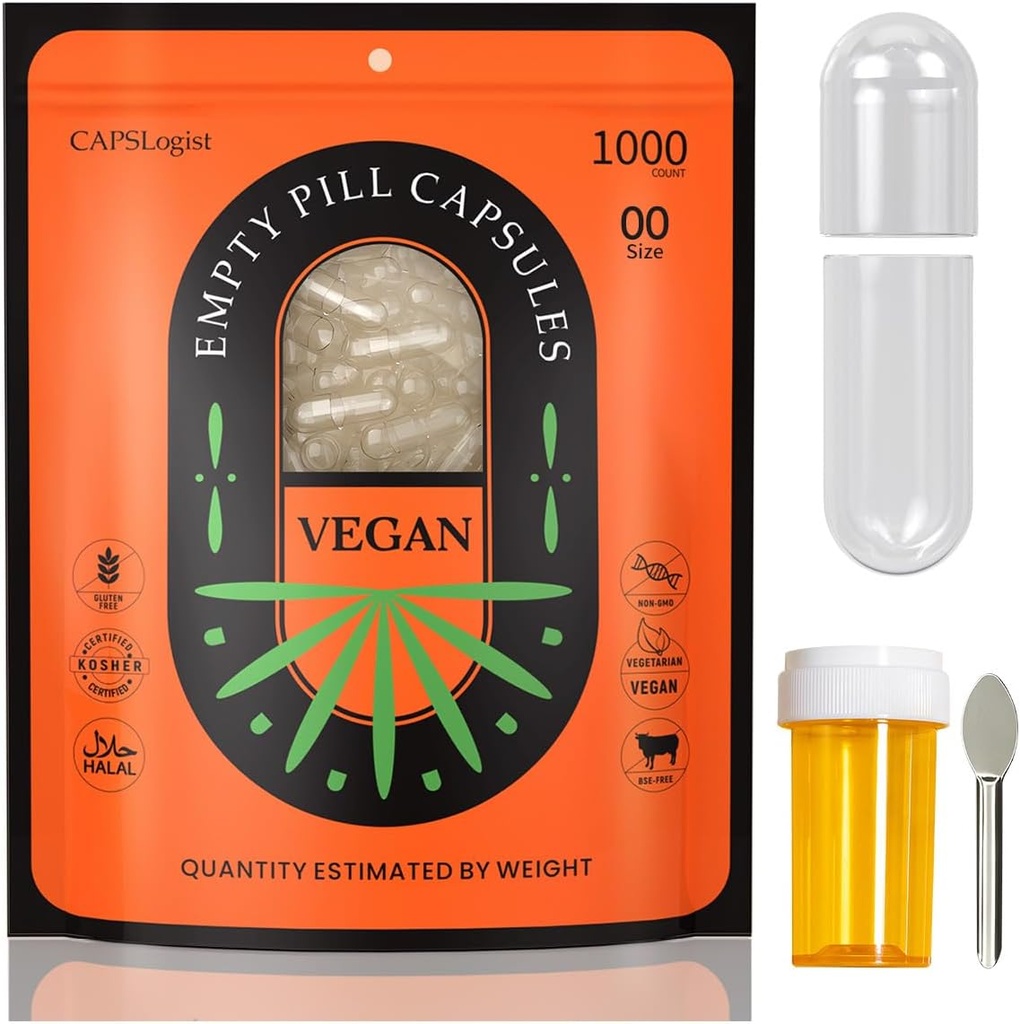 00 Capsules 1000 Compte, Pilules vides, Capsules véganes vide, Capsules de gel Taille 00 avec cuillères et bouteille de médicament pour remplissage de gélules, Capsules végétales vide, clair