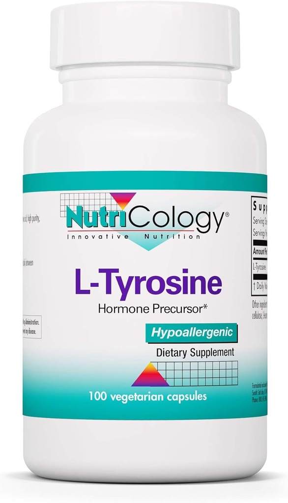 Nutricology L-Tyrosine - Brain Support, Hormone Precursor, Free Form Amino Acid, 500mg Supplement, Thyroid Support Capsules - 100 Count