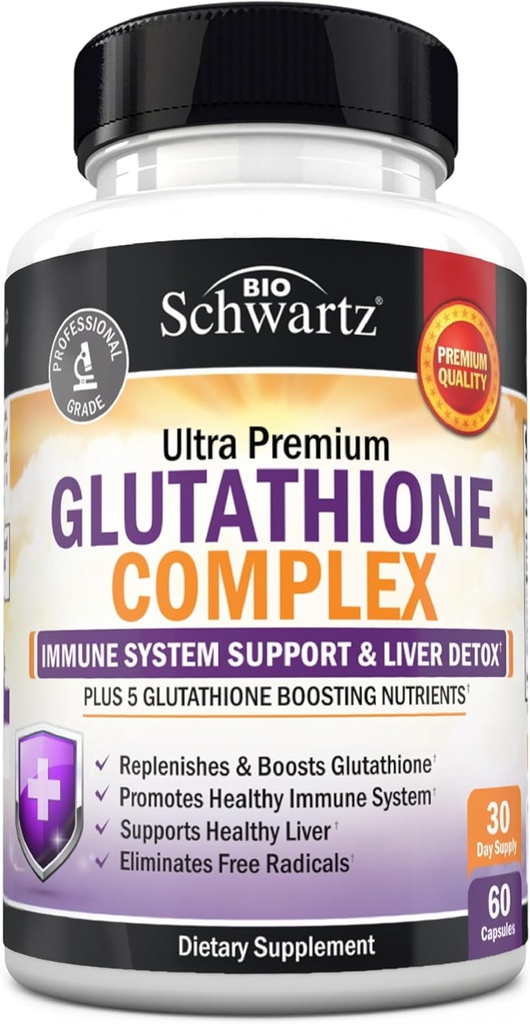 BioSchwartz Supplément de glutathion 500mg - Détox hépatique avec Quercetin, Vitamine C, Thistle de lait, acide alpha lipoïque - pilule de soutien immunitaire - Formule de santé de défense immunitaire améliorée - 60 Capsules