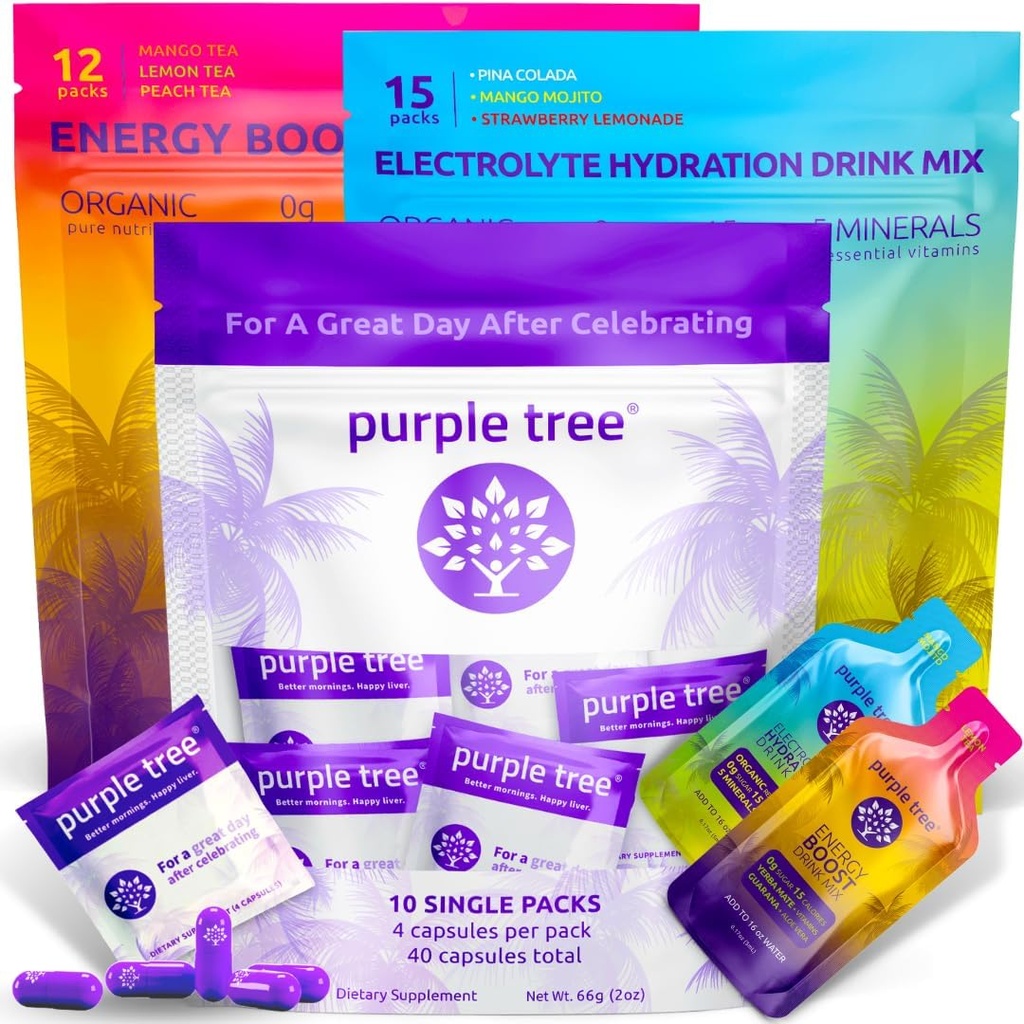arbre pourpre Premium 3x1 Combo: pilules de bien-être post-célébration, hydratation biologique, le jour suivant Energy Stick Packets.