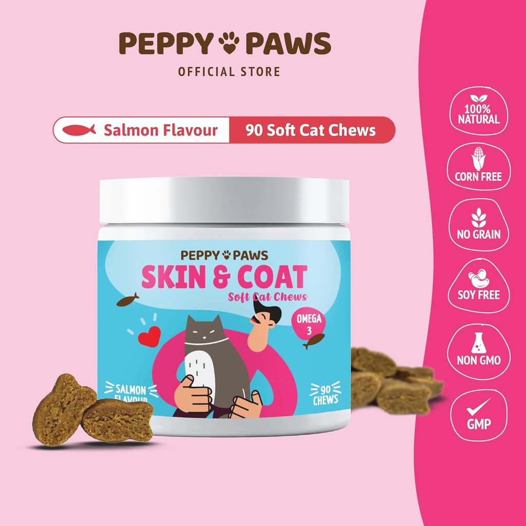 Skin & Coat Chews for Cats - 90 Chews Soft Saveur de saumon avec Omega 3, Vitamines et supplément de biotine Supporte le manteau brillant, Réduit Shedding & Démangeaisons pour Cat Dandruff & Allergy Relief