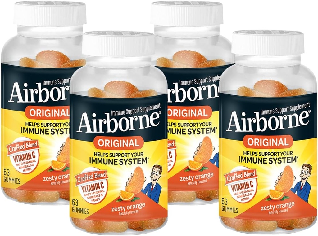Airborne 750mg Vitamine C Supplément de soutien immunitaire Gommies pour adultes, saveur orange zeste, mélange sans gluten avec des antioxydants puissants Vitamines A C & E, 63 Gommies (4 Pack)