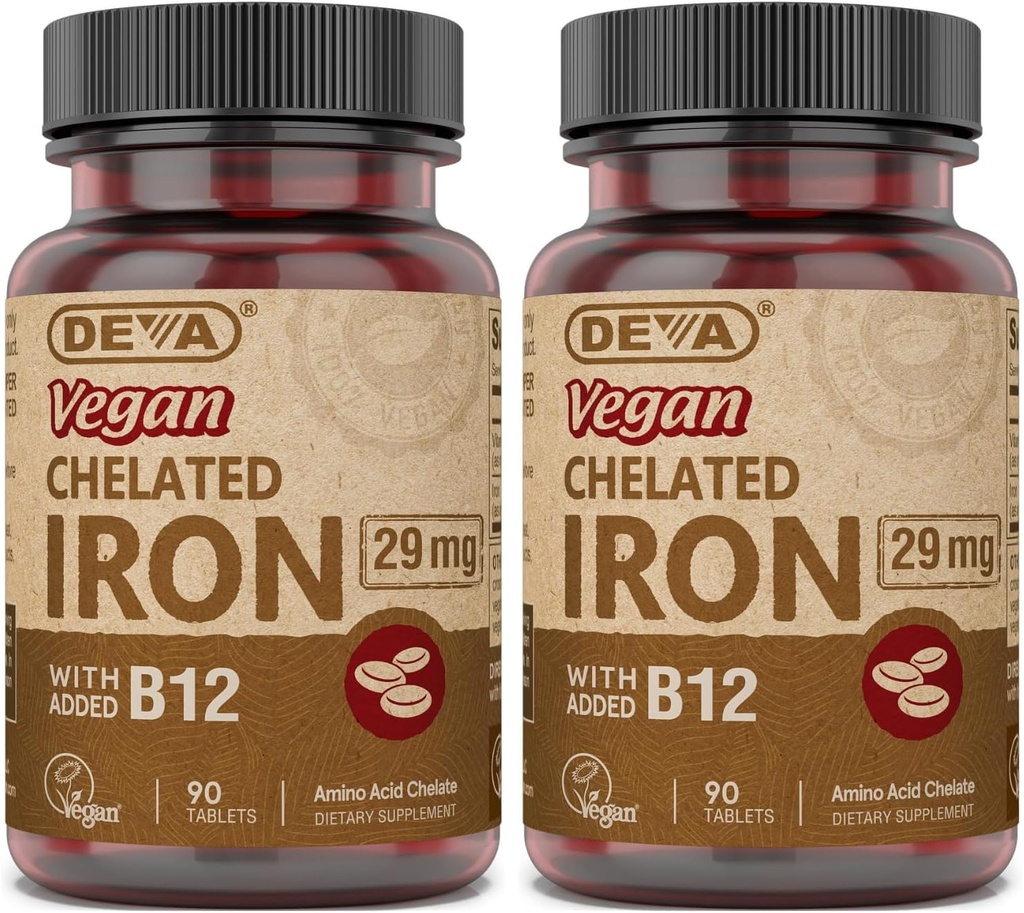 DEVA Nutrition Fer chélaté végétalien 29 mg Fortifié avec B-12 - haute puissance, facile à avaler - 90 comprimés, 2-pack