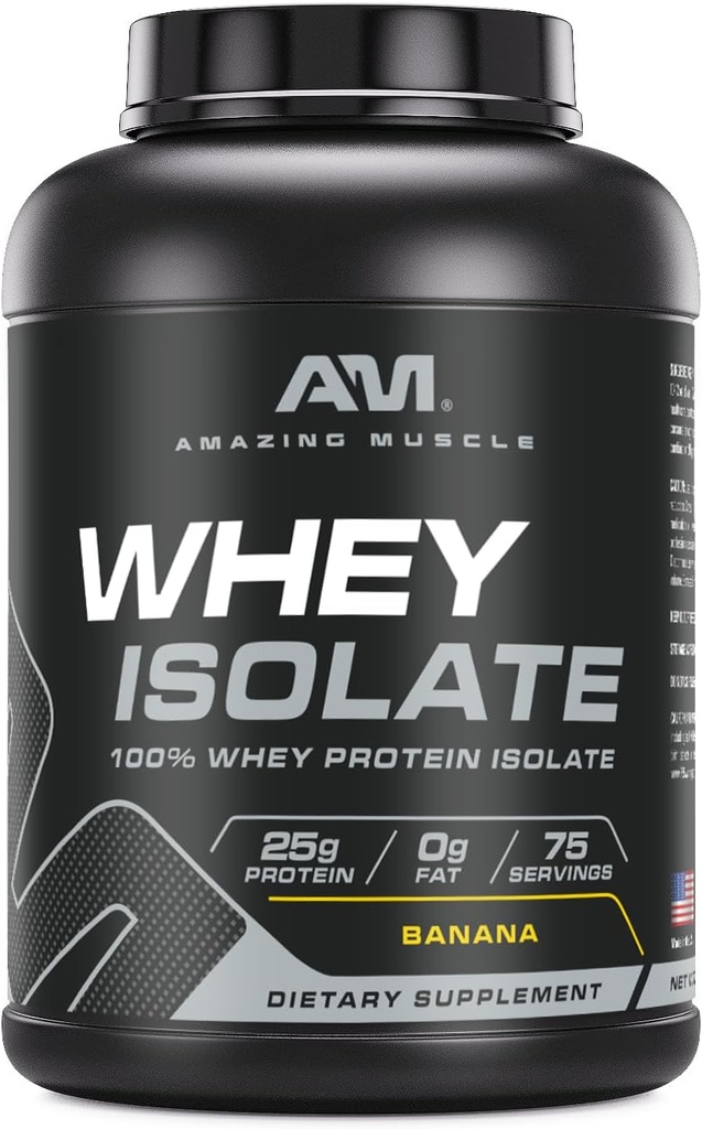Amazing Muscle Whey Protéine Isolate Poudre de 25 Grams Protéines par portion de 100% Whey Isolate de Zéro Gras Fabriqué aux États-Unis (5 Lb, Banana)