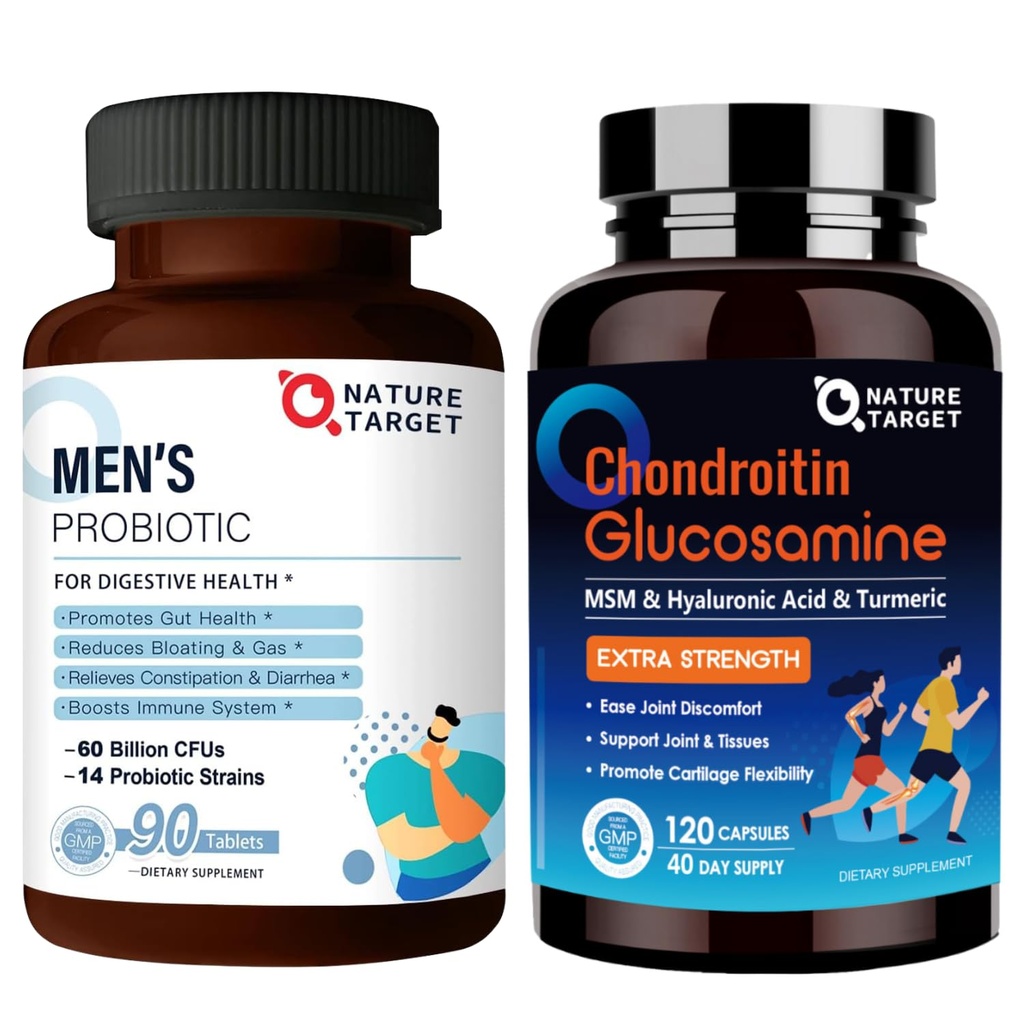 NATURE TARGET Probiotiques pour les hommes avec supplément de soins pour les hommes, glucosamine Chondroitin MSM, supplément de soutien conjoint, sans mollusques