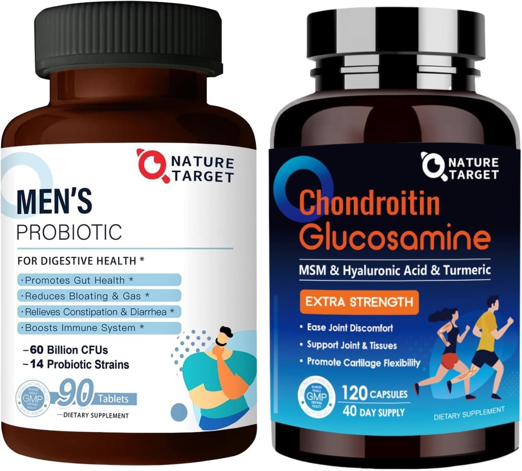 NATURE TARGET Probiotiques pour les hommes avec supplément de soins pour les hommes, glucosamine Chondroitin MSM, supplément de soutien conjoint, sans mollusques