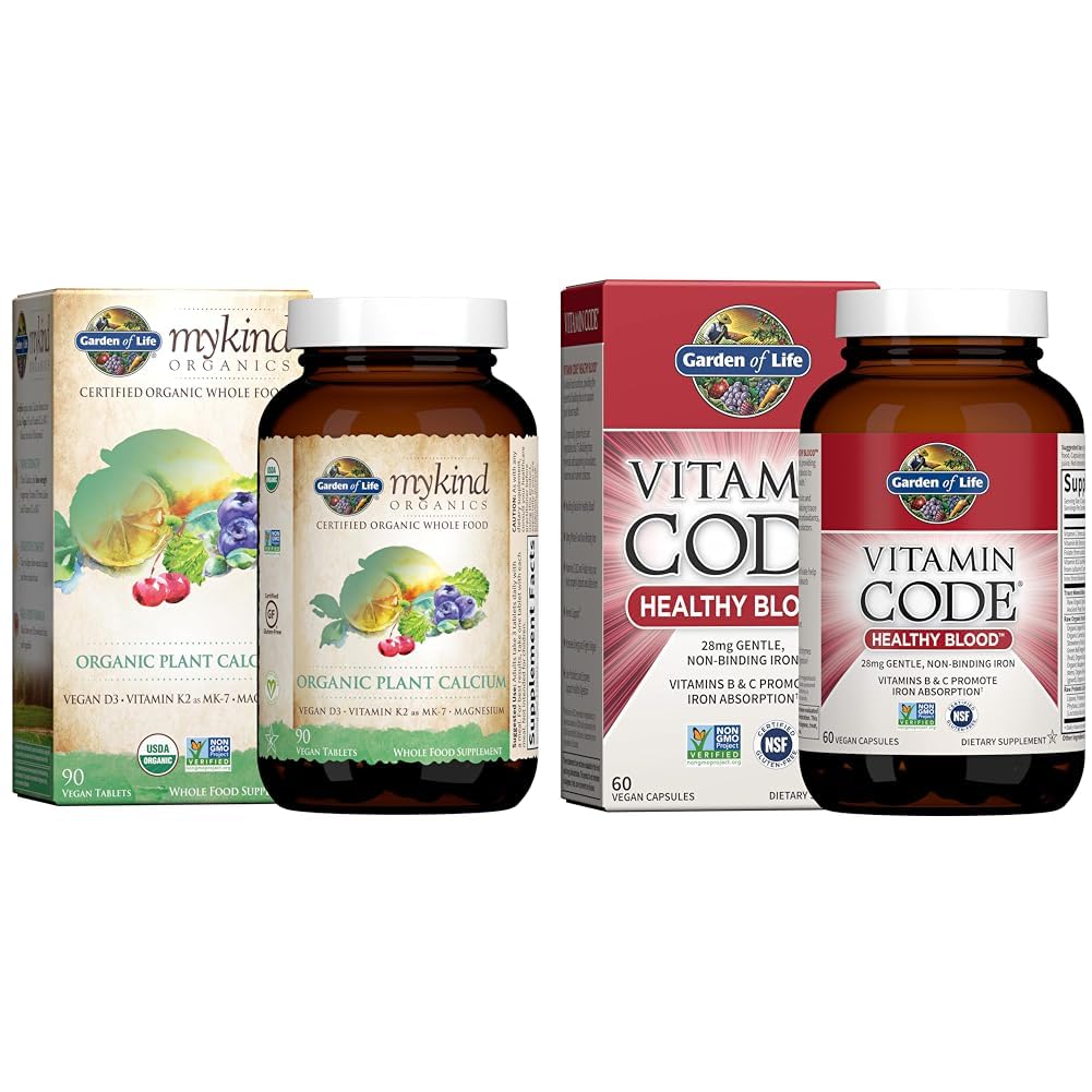Garden of Life Organics Plant Calcium avec Magnésium, Vitamine D3 & K2 MK7 Plus Code Vitamine Sang sain avec 28mg de fer pour l'anémie