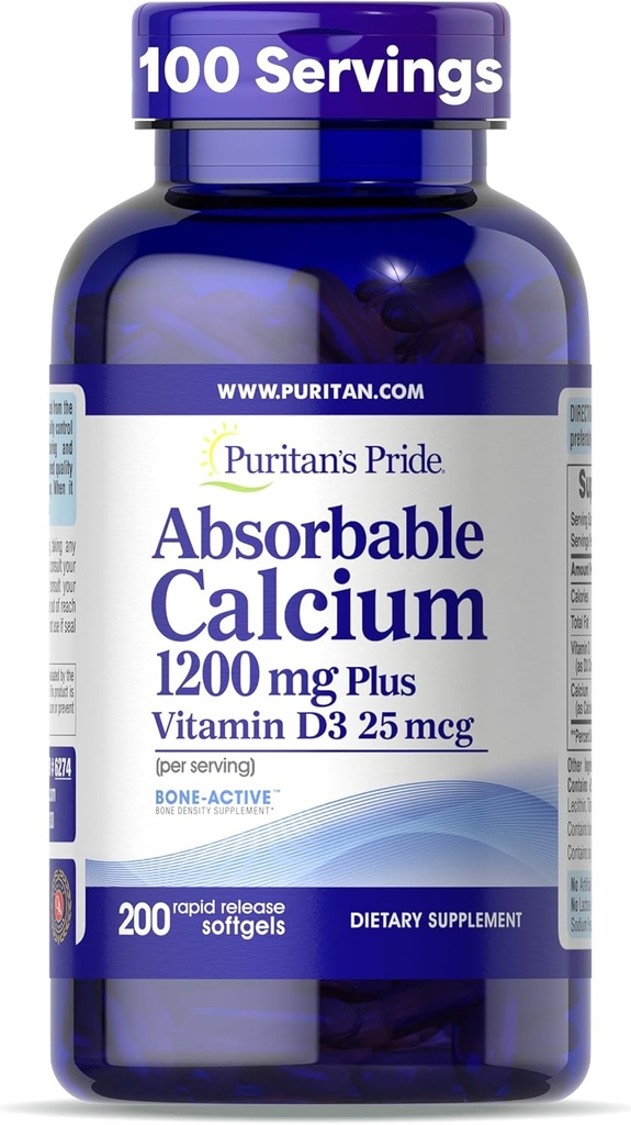 Puritan's Pride Absorbable Calcium 1200 mg Plus Vitamine D3 25mcg 1000 UI avec Bone-ActiveTM, 200 softgels à libération rapide