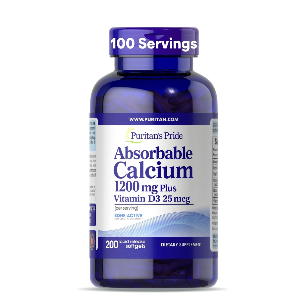 Puritan's Pride Absorbable Calcium 1200 mg Plus Vitamine D3 25mcg 1000 UI avec Bone-ActiveTM, 200 softgels à libération rapide