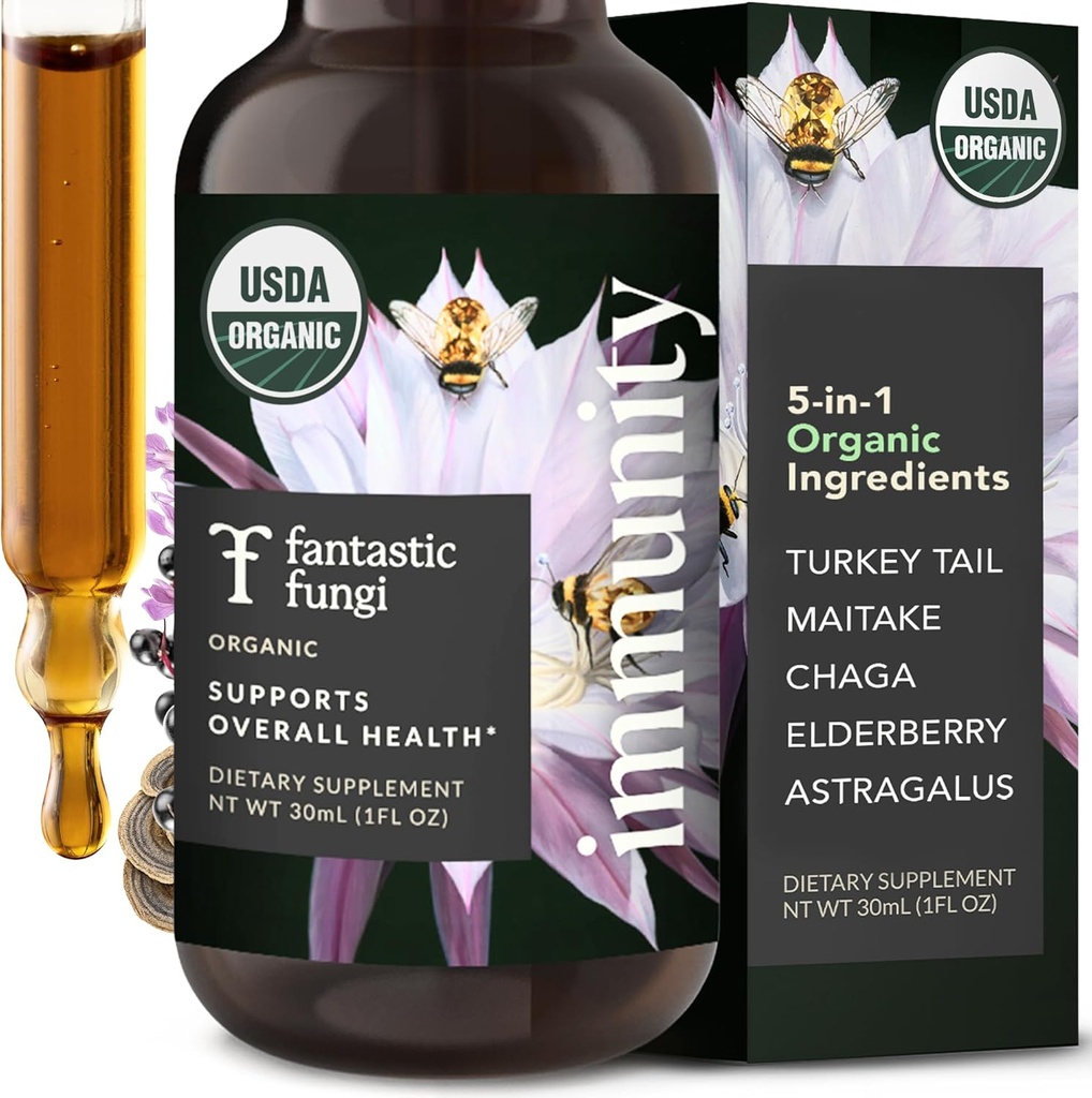 Des gouttes d'extraits de champignons fantastiques - Immunity Elixir avec la dinde Extrait de champignons de queue, Maitake, Elderberries, Chaga & Astragalus - 5-en-1 Supplément de soutien aux immunes biologiques, 30 portions, 1 fl oz