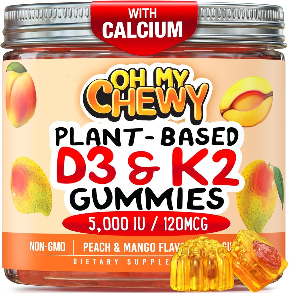 Vitamine au centre D3 K2 Gommies - Enfants, adolescents et adultes - Supplément pour les dents, les os, l'énergie et l'immunité - 5000 UI D3, 120 mcg K2(MK-7), 120 mg de calcium - Végétaux et non-OGM - 120 Nombre