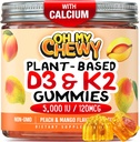 Vitamine au centre D3 K2 Gommies - Enfants, adolescents et adultes - Supplément pour les dents, les os, l'énergie et l'immunité - 5000 UI D3, 120 mcg K2(MK-7), 120 mg de calcium - Végétaux et non-OGM - 120 Nombre