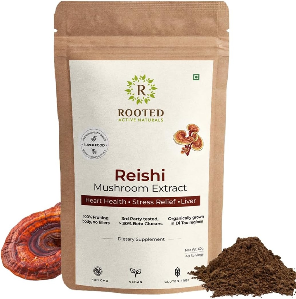 Poudre d'extrait de champignons Reishi ROOTED Santé cardiaque, soulagement du stress, foie.