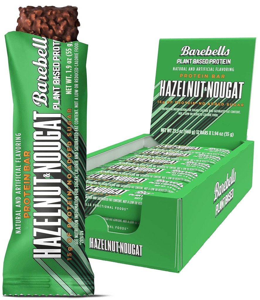 Barebells Barres de protéines végétaliennes Noisettes et nougat - 12 Nombres, 1.9oz Barres - Caractéristiques Barre de protéines à base végétale avec 15g de protéines - Snacks de protéines de chocolat avec seulement 1g de sucres totaux - Idéal pour