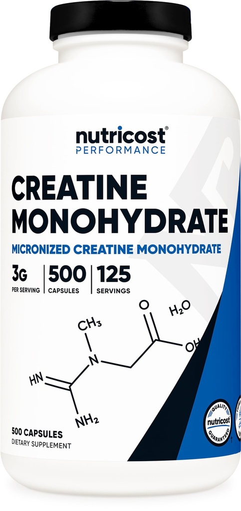 Nutricost Micronized Creatine Monohydrate 3000mg 500 Capsules, 125 portions, 750mg de Creatine Monohydrate par gélule