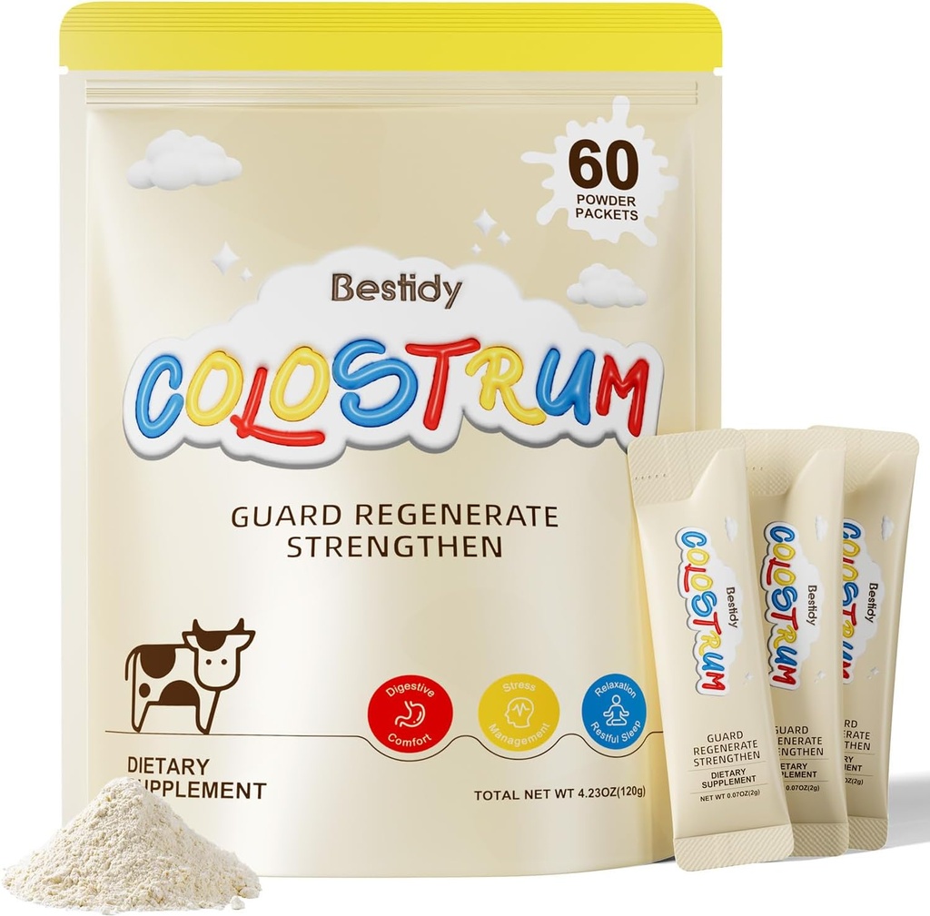 Supplément Bestidy Colostrum, Poudre de Colostrum pour Gut, Croissance des cheveux, Beauté, emballés individuellement, Poudre de Colostrum Bovin Naturel Superfood,(60 portions) 4.23 Oz