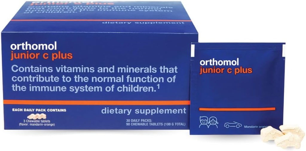 Orthomol Immun Junior C Plus, Multivitamine pour enfant, Tangerine Flavor, 30 jours de ravitaillement