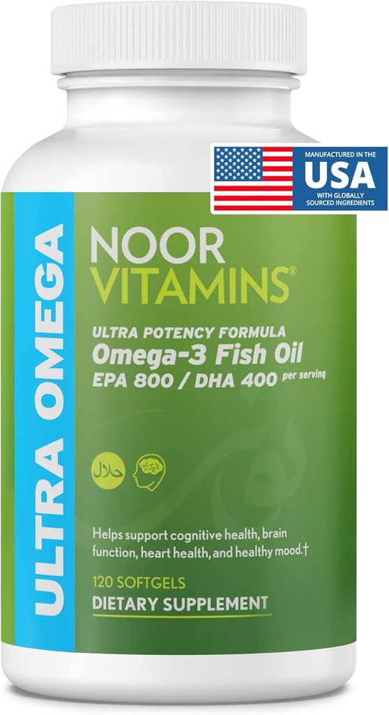 Noor Vitamines Huile de poisson halal, Vitamines halal, Ultra Oméga 3 Poissons sauvages péruviens (800 mg EPA et 400 mg DHA) Soutien cardiaque, cerveau et articulations, sans OGM et sans gluten (120 Nombre)