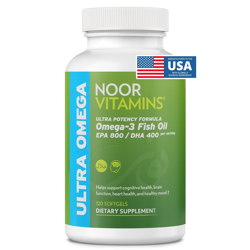 Noor Vitamines Huile de poisson halal, Vitamines halal, Ultra Oméga 3 Poissons sauvages péruviens (800 mg EPA et 400 mg DHA) Soutien cardiaque, cerveau et articulations, sans OGM et sans gluten (120 Nombre)