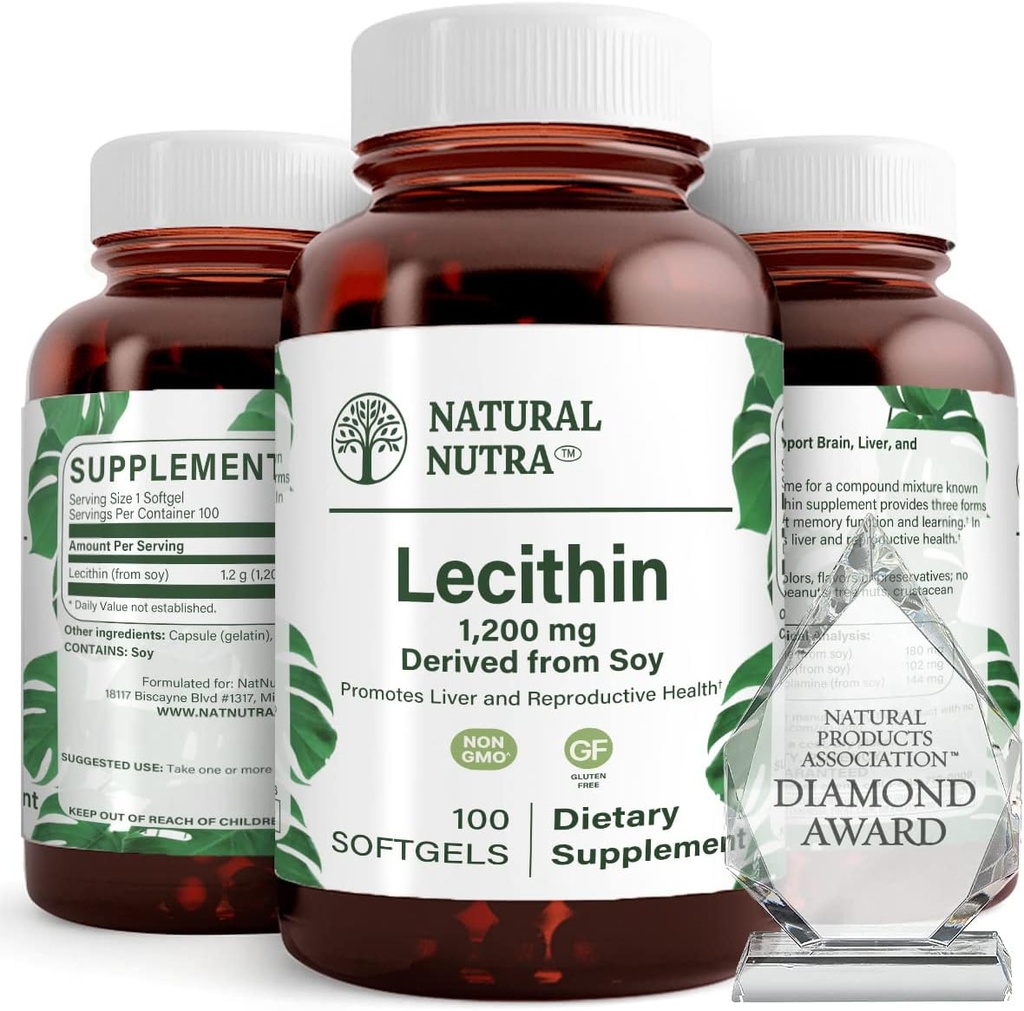 Supplément alimentaire Nutra Soy Lécithine 1 200 mg - Fonction cérébrale, Santé du foie, Santé du sein Hepls, Supplément de stimulation de la mémoire - Sans gluten, sans BPA, 100 softgels dans des bouteilles de verre recyclables