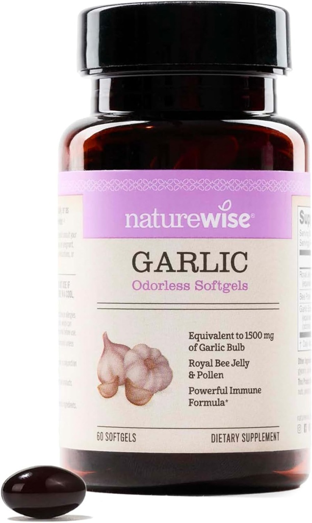 NatureWise Odorless Garlic Pills - with Royal Bee Jelly & Pollen - Herbal Supplement for Heart Health + Immune System + Antioxidants - Gluten Free, Non-GMO - 60 Softgels [2-Month Supply]