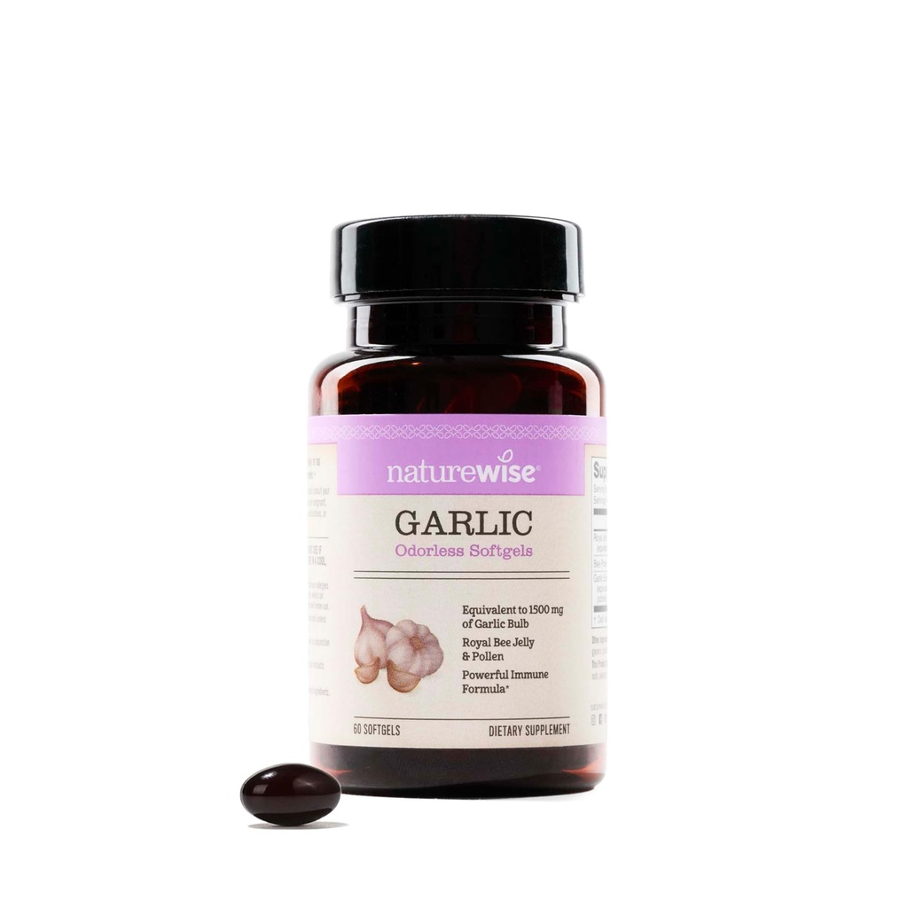 Pilules d'ail sans odeur NatureWise - avec Jelly Royal Bee & Pollen - Supplément à base de plantes pour la santé cardiaque + système immunitaire + antioxydants - sans gluten, sans OGM - 60 Softgels [2-Mois d'approvisionnement]