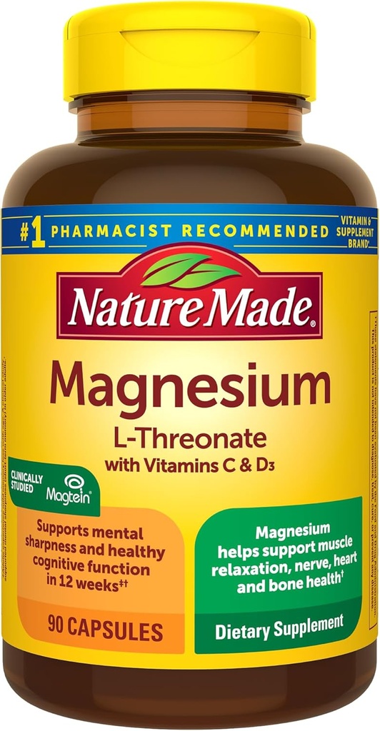 Nature faite Magnésium L-Thréonate avec Vitamine C et Vitamine D3, Fournit 130 mg de Mag de 1800 mg Magnésium L Thréonate, supplément de soutien cognitif Magnésium, 90 Capsules, 30 jours d'approvisionnement