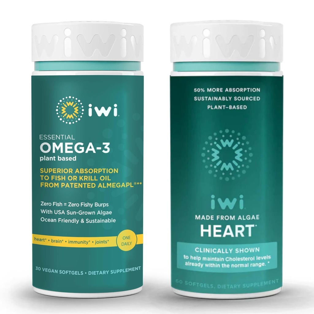 Iwi Omega-3 Essential & Heart Omega-3 Bundle, 30 portions, Algae à base végétale végétalien Omega 3, Krill & Fish Oil Alternative, Aucun arrière-goût de poisson