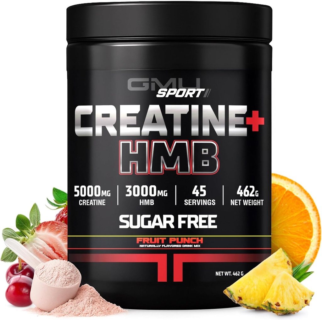 GMU SPORT - Monohydrate de créatine avec poudre HMB - 45 portions, suppléments de créatine HMB, créatine avec HMB pour augmenter la force, la croissance musculaire et l'énergie accrue, 3G HMB/fruit Punch