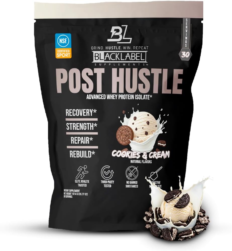 BLACKLABEL Supplements Post Hustle Post Workout Protein Powder, 30 Servings – NSF Certified for Sport Whey Isolate Protein Powder with Digestive Enzymes – Cookies & Cream