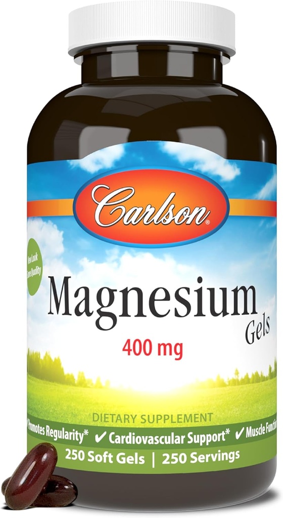 Carlson - Gels de magnésium, 400 mg de magnésium par Softgel, soutien cardiaque et musculaire, bouchons de gel de magnésium, fonction Bowel, supplément de magnésium, 250 Softgels