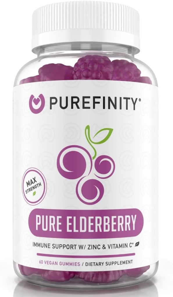 PUREFINITY Elderberry Gummies with Sambucus, Vitamin C, and Zinc – Your Perfect Daily 3-in-1 Supplement for Kids & Adults – Gluten Free, Non-GMO, Vegan, 60 Count