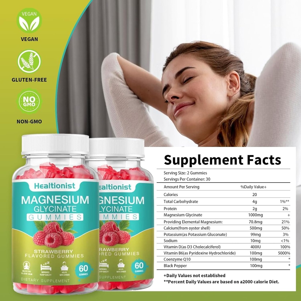 1 Pack Glycinate de magnésium pour adultes et enfants, Meilleur supplément de magnésium Gummy pour le sommeil, le stress et le soulagement musculaire et la santé nerveuse, 60 comtes Gummies calmes