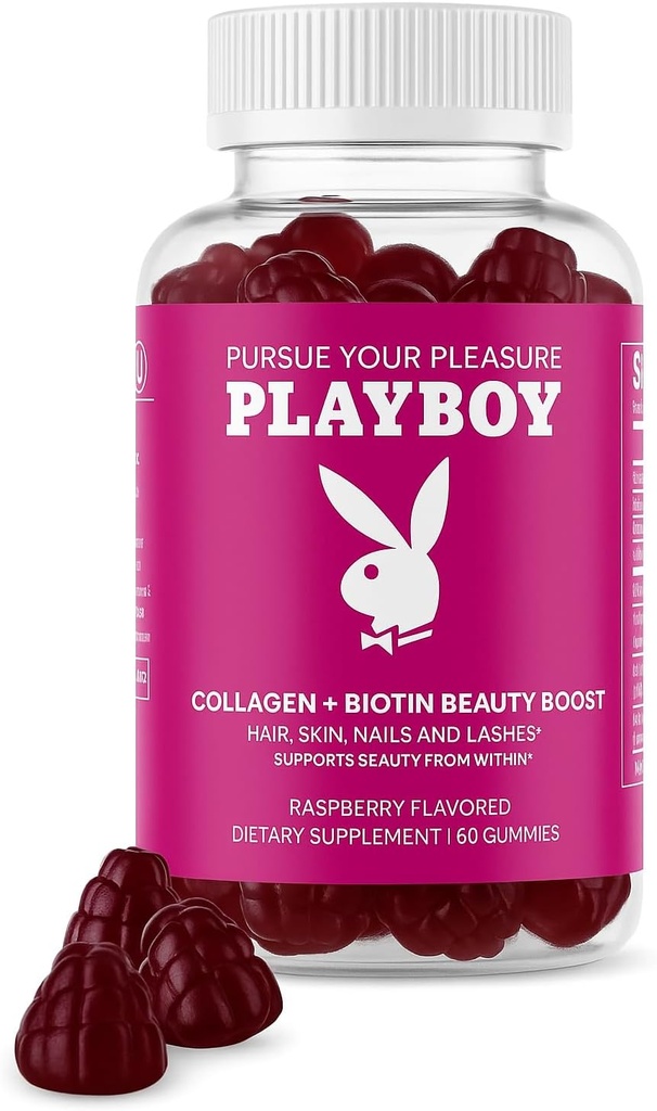 Playboy - Collagen + Biotin Beauty Boost Gummies pour les cheveux, la peau, les ongles et les cils (60 Gummies) - Biotine aromatisée framboise et supplément collagène pour les femmes et les hommes - sans OGM, sans gluten, sans noix