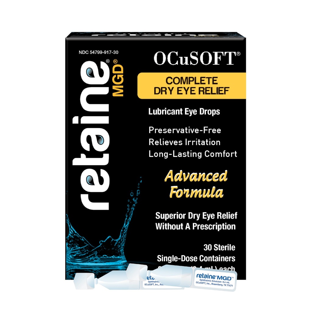 OCuSOFT Retenir l'émulsion ophtalmique MGD - Reliement complet des yeux secs - Apaisant les yeux rouges et irrités - 30 contenants à usage unique sans réserve - 0,01 Fl Oz
