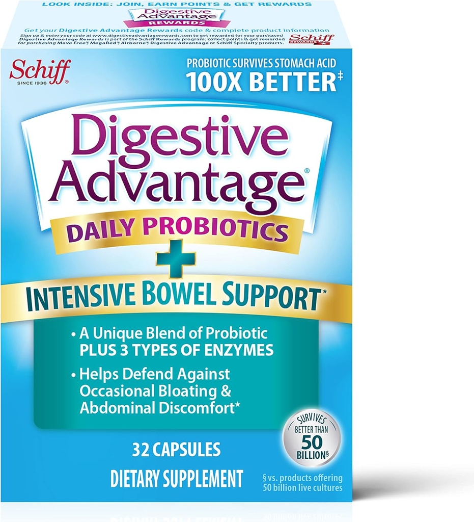 Digestive Advantage IBS Probiotics For Digestive Health & Intensive Bowel Support, Probiotics For Women & Men with Digestive Enzymes, Support for Occasional Bloating & Gut Health, 32ct Capsules
