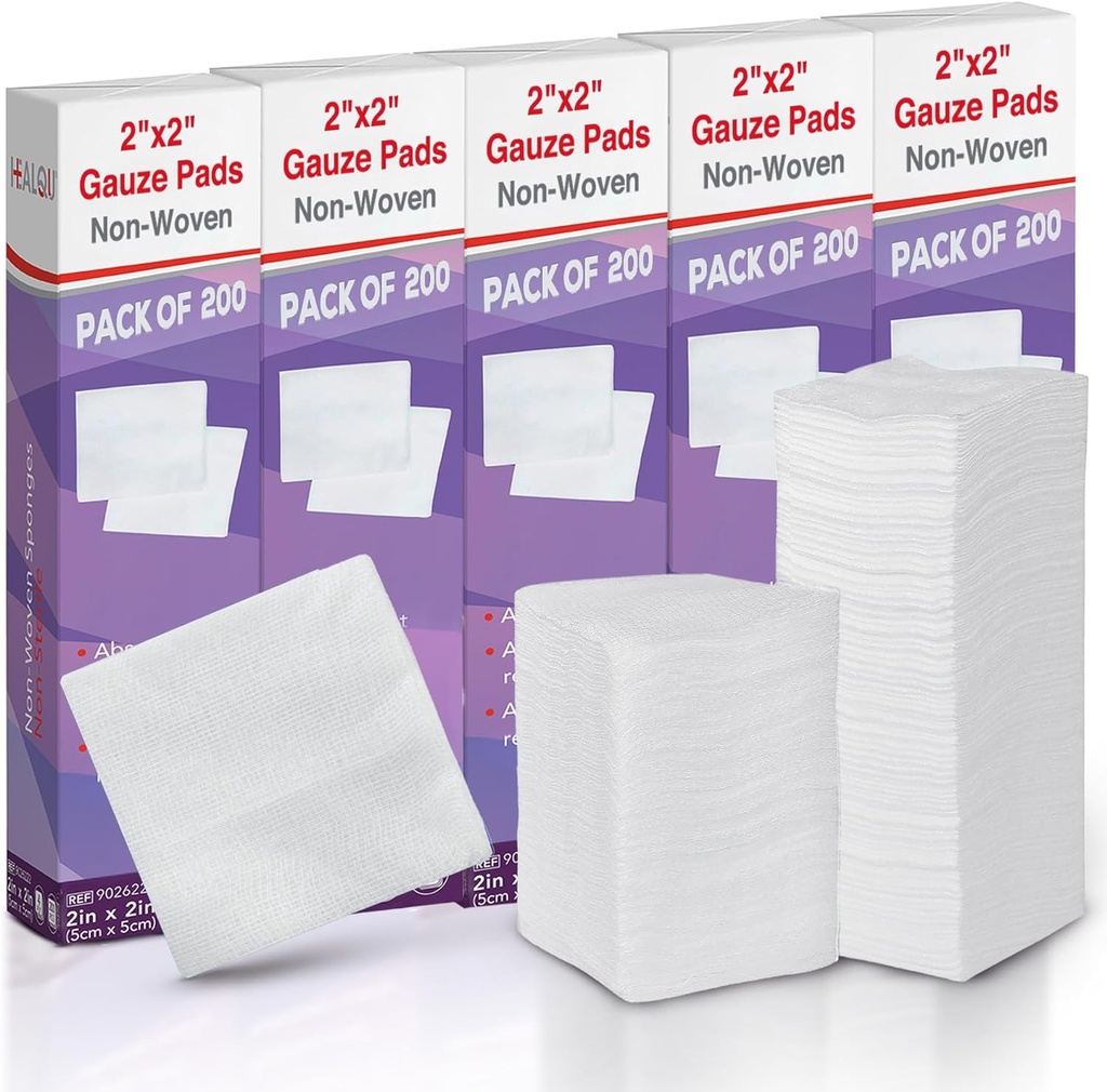 HEALQU 1000 Gauze Pads 2x2" - 4-Ply doux non tissé pour l'extraction des dents et les procédures dentaires - Eponges carrées non stériles pour la tenue des premiers soins, chirurgicaux et blessés (5 paquets de 200)
