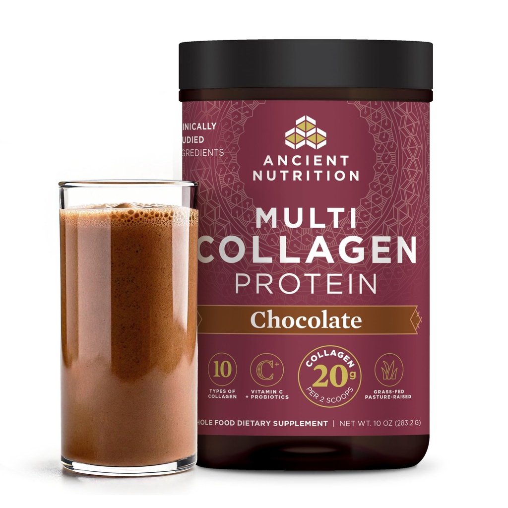 Ancient Nutrition Collagène Peptides Poudre, Protéines Multi Collagènes, Femmes & Hommes, Vitamine C, Probiotiques, Collagène hydrolysé, Supporte la peau, articulaires, Santé Gut, Chocolat, 24 portions