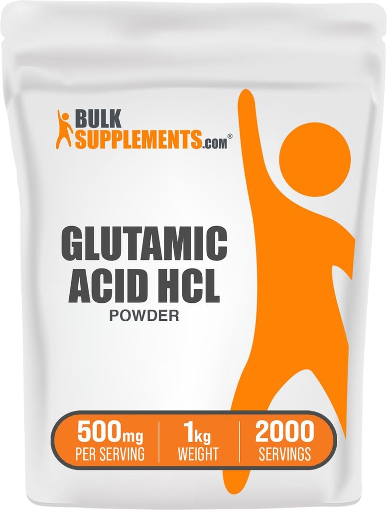 BulkSupplements.com Poudre de HCl acide L-glutamique - Supplément acide amino, Supplément de glutamate - pour la santé des Gut, sans gluten, 500mg par portion, 1kg (2,2 lbs) (paquet de 1)