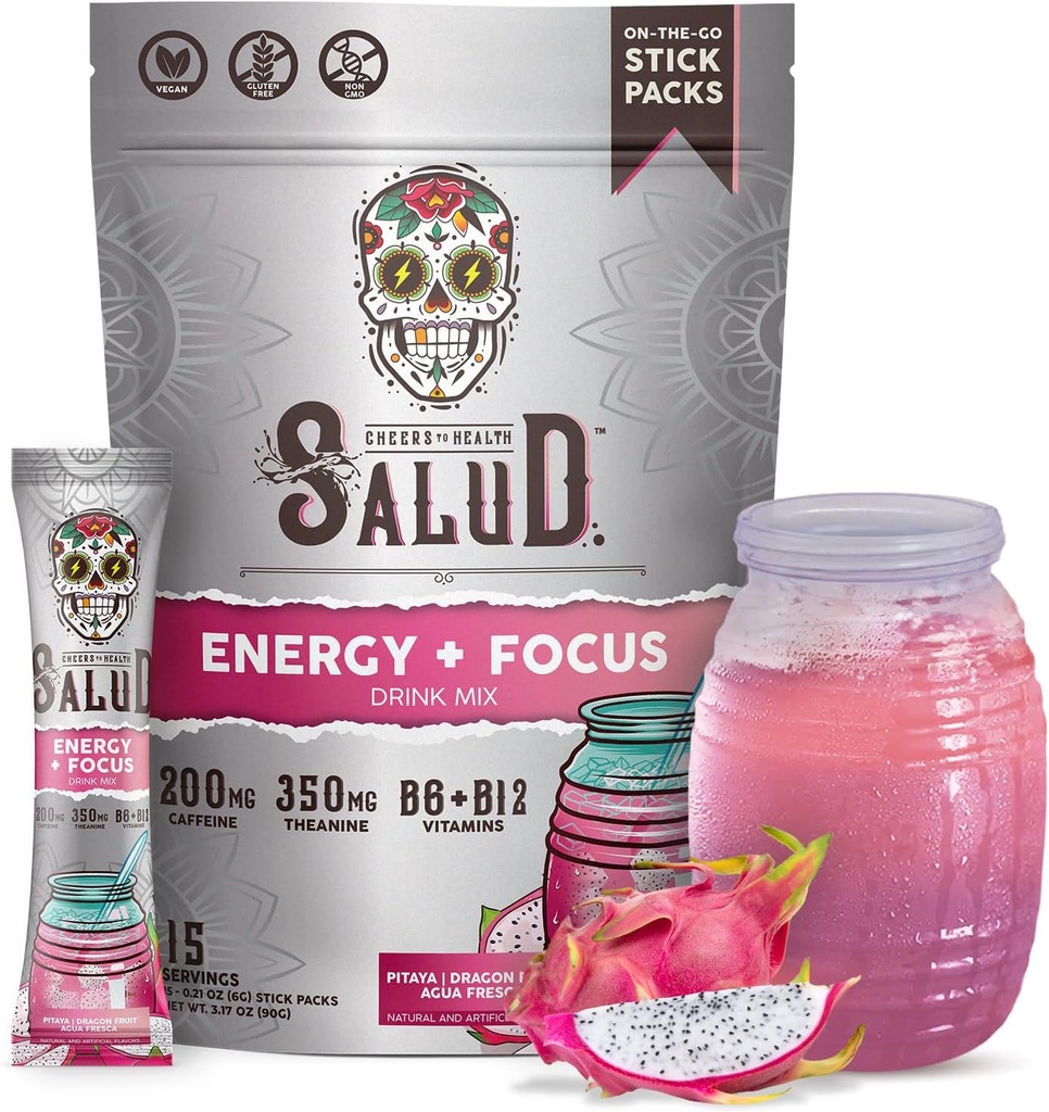 Salud 2-en-1 Poudre de boisson énergisante + Focus, Fruits dragons, Caféine biologique, B6 + B12, Théanine, Paquets de boissons énergisantes propres, Pitaya Agua Fresca Mix, Non-OGM, Sans gluten, Vegan, 1g de sucre, (15 portions)