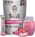 Salud 2-en-1 Poudre de boisson énergisante + Focus, Fruits dragons, Caféine biologique, B6 + B12, Théanine, Paquets de boissons énergisantes propres, Pitaya Agua Fresca Mix, Non-OGM, Sans gluten, Vegan, 1g de sucre, (15 portions)