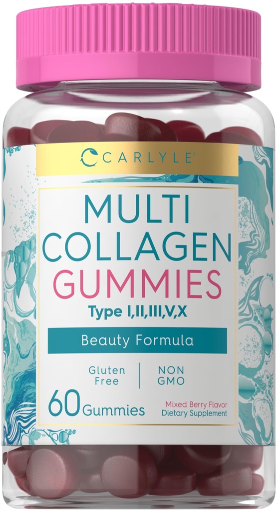 Carlyle Collagen Gummies de 60 comtes Complexe de multicollagènes de beauté Supplément de formule de beauté de Berry Flavor de mélange, sans gluten