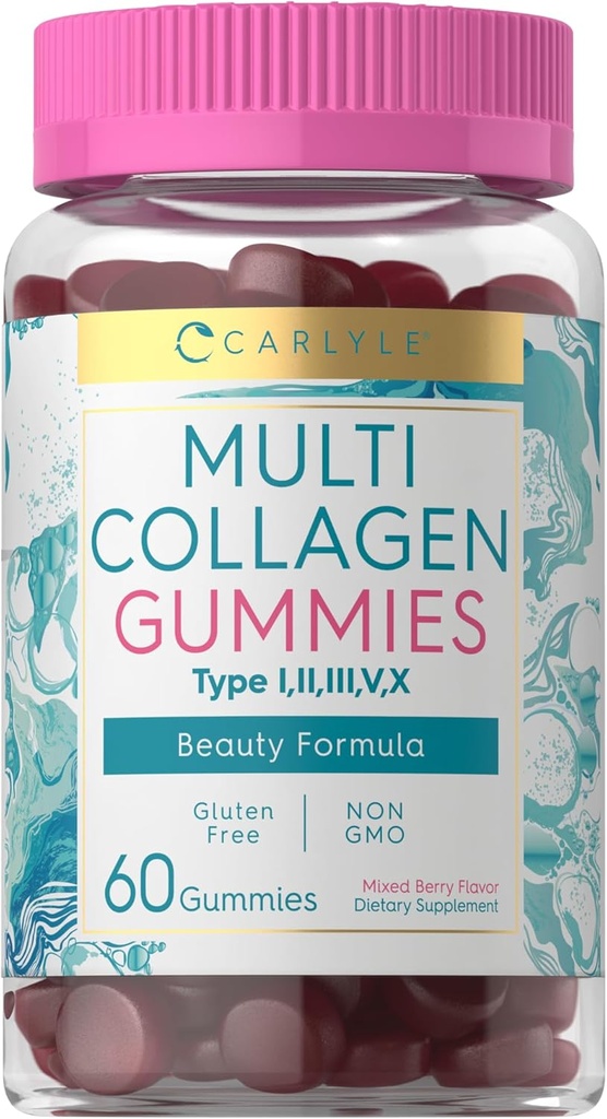 Carlyle Collagen Gummies de 60 comtes Complexe de multicollagènes de beauté Supplément de formule de beauté de Berry Flavor de mélange, sans gluten