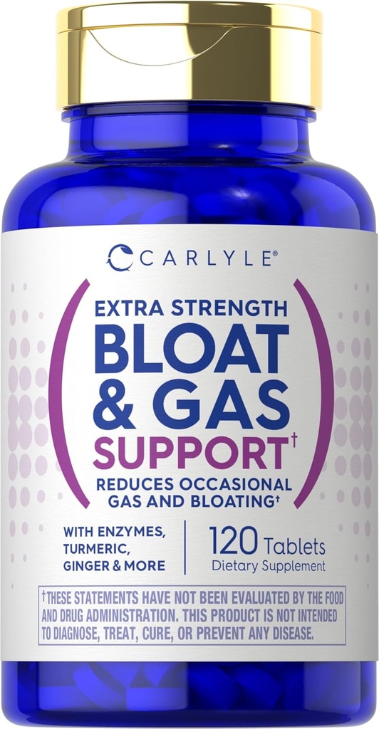 Carlyle Bloat & Gas Support pour les hommes et les femmes (120 comprimés) Supplément de pilules extra-fort avec enzymes, curcuma, gingembre et plus encore (100 comprimés)
