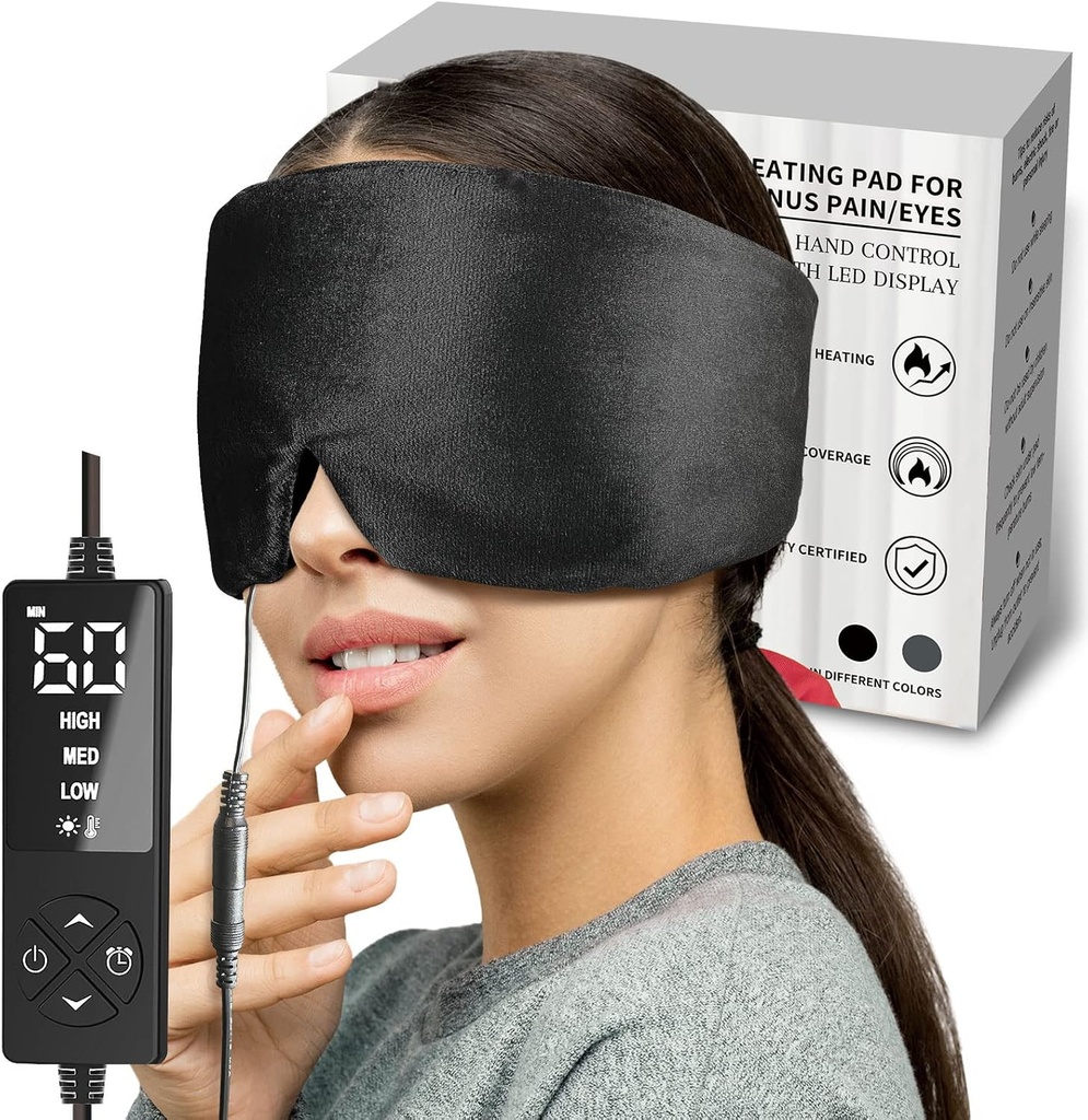 sticro Heated Eye Mask with Extra Large Size for Dry Eyes and Sinus Pressure Relief, Ultra Soft Face Heating Pad for Tension Headache Relief, Jaw TMJ Pain Relief - 3 Heat & 5 Timing Settings (Black)