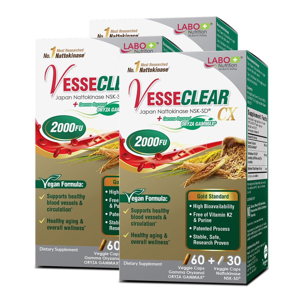 LABO Nutrition VesseCLEAR CX: Nattokinase NSK-SD + Gamma Oryzanol pour le sang propre et le vieillissement sain, le plus cliniquement étudié au Japon, pour le cholestérol sain, le coeur, végétalien, résistant à l'acide, 60sx3
