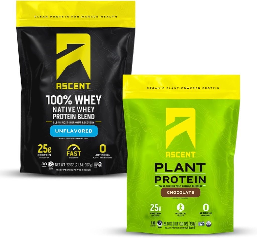 Ascent Whey + Plant Protein Powder - Unflavored 2 lb & Chocolate 18 Servings