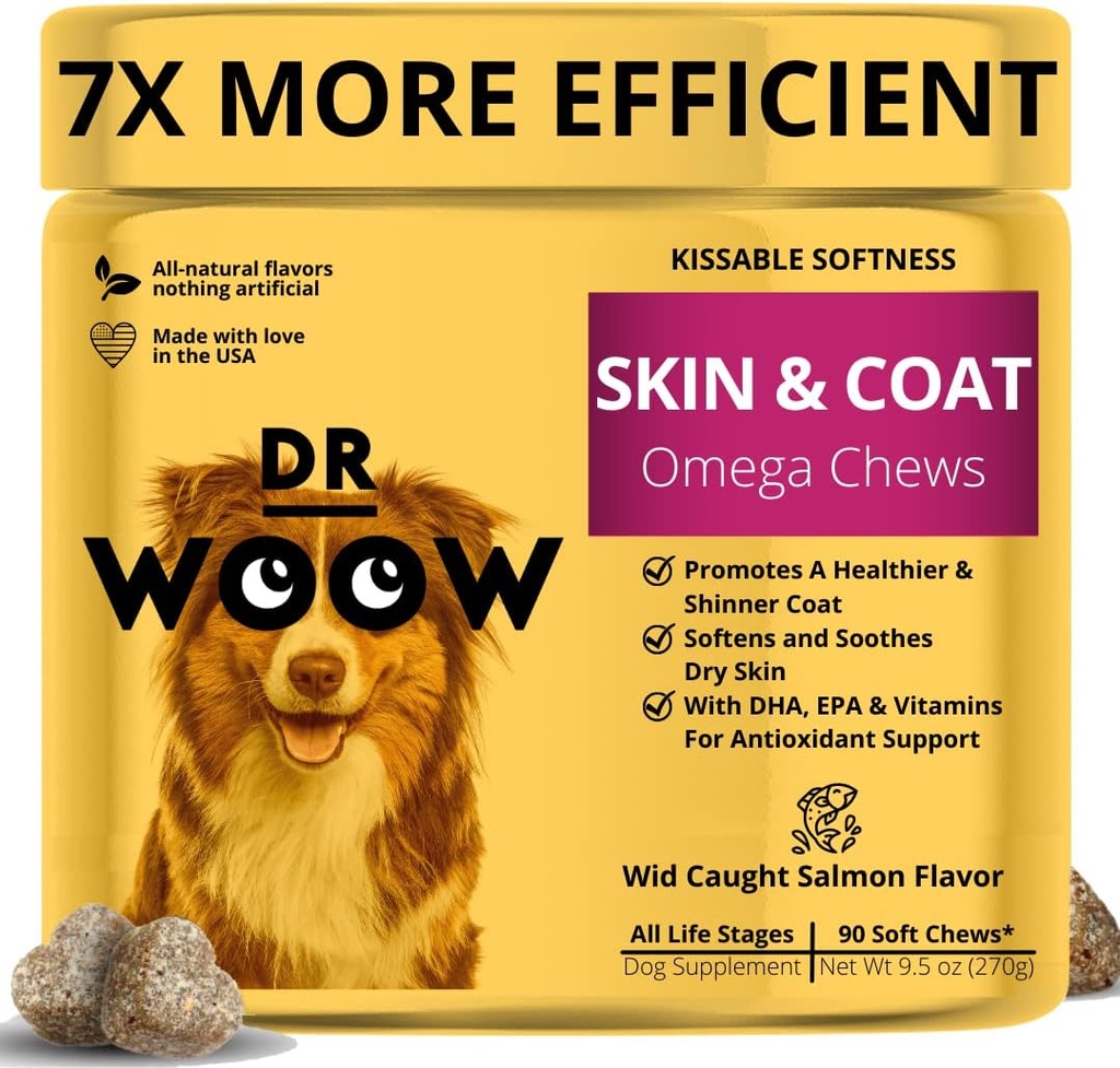 Omega Wild Alaskan Salmon Oil 90 ct Soft Chews for Dog - Anti démangeaisons et manteaux + support allergique, avec Kelp, Biotine, Vitamines, Zinc - Aide la peau de démangeaison, allergies de chien, mai réduire Shedding