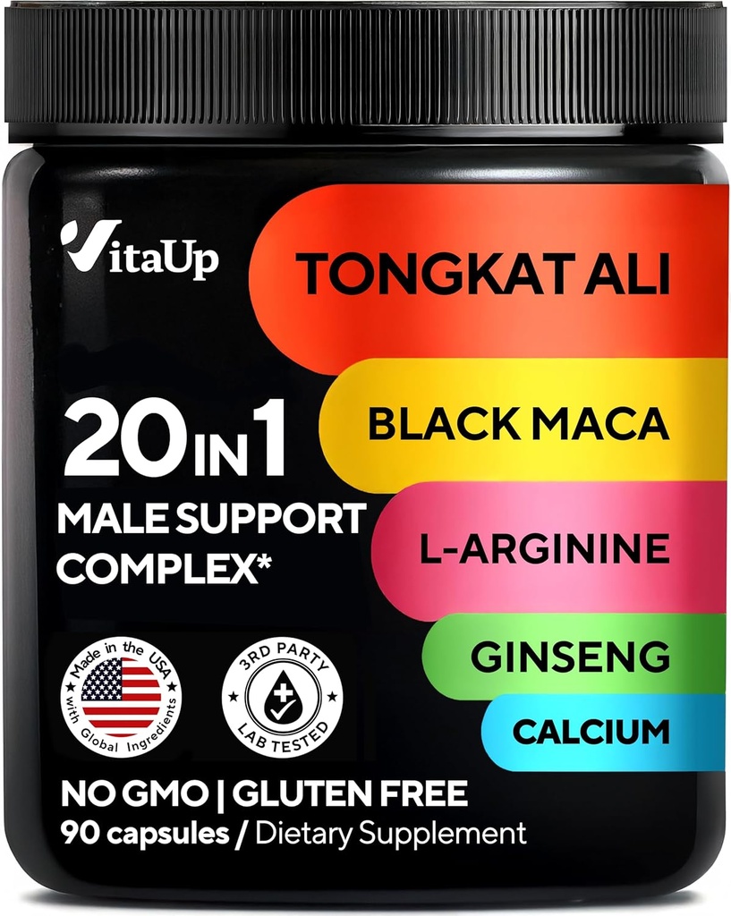 Tongkat Ali pour hommes 20 en 1 avec Astragalus - USA Made Mens Complement Complex avec Black Maca Root, L-Arginine, Ginseng, Calcium, Astragalus pour la force normale et support d'endurance - 90 Caps