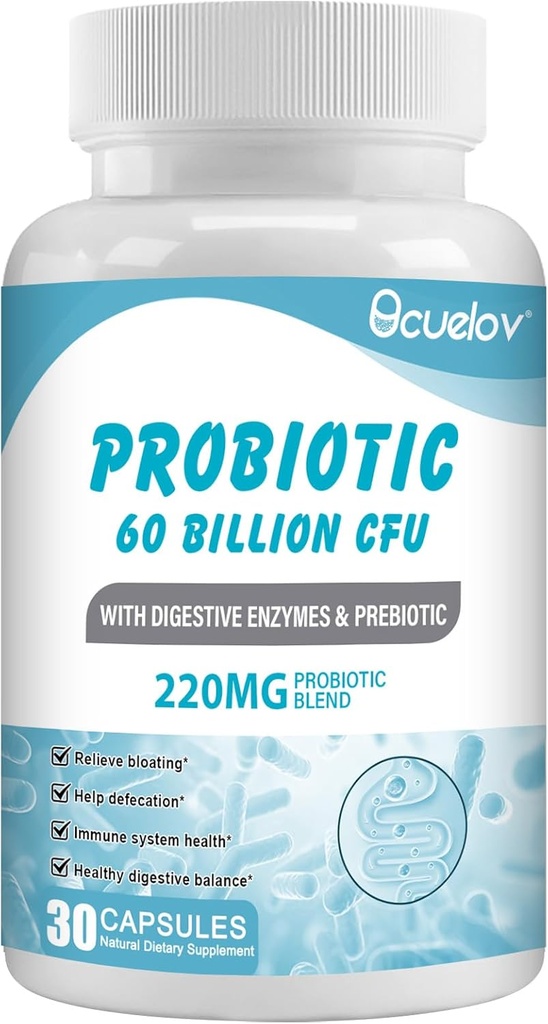 Probiotiques 60 milliards d'UFC avec 10 souches et 3 prébiotiques organiques, Supplément probiotique pour les femmes hommes soutiennent le métabolisme, l'immunité et la santé digestive, non OGM et sans gluten, 30 capsules